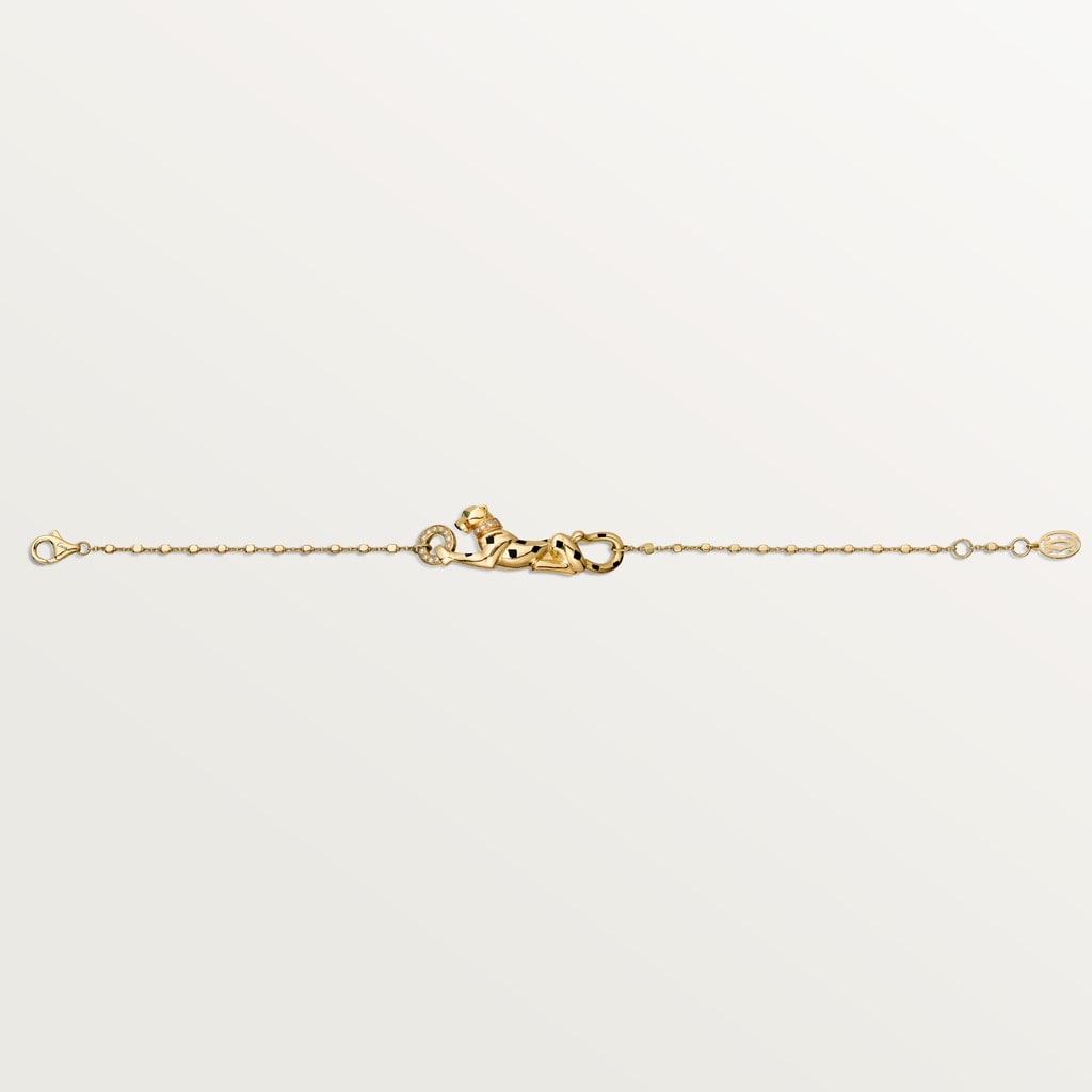 Panthère de Cartier bracelet, on a chain, diamondsYellow gold, tsavorite garnets, diamonds