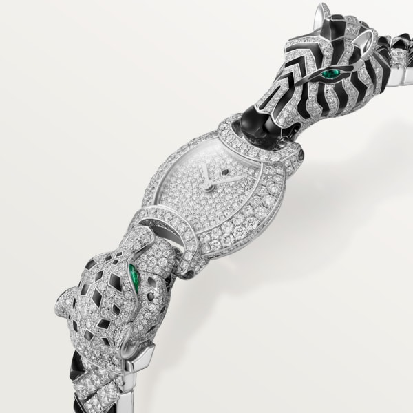 Reloj Indomptables de Cartier 22,2 mm, movimiento de cuarzo, oro blanco rodiado, esmeraldas, diamantes, espinelas, ónix, brazalete de metal