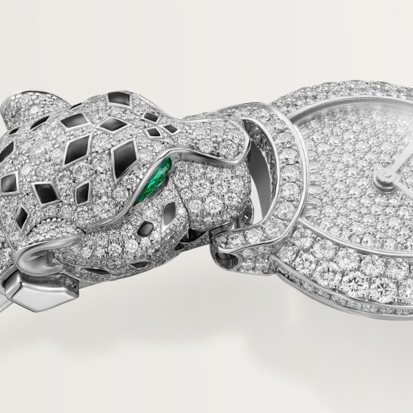 Reloj Indomptables de Cartier 22,2 mm, movimiento de cuarzo, oro blanco rodiado, esmeraldas, diamantes, espinelas, ónix, brazalete de metal