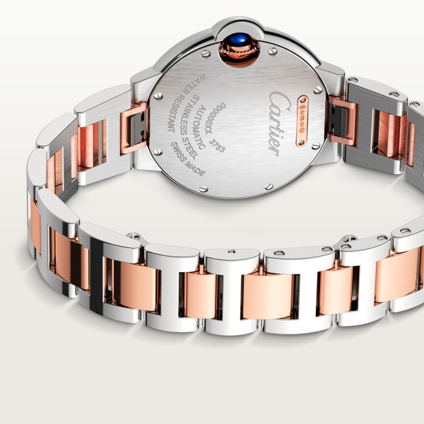 Reloj Ballon Bleu de Cartier 33 mm, movimiento mecánico de carga automática, oro rosa, acero