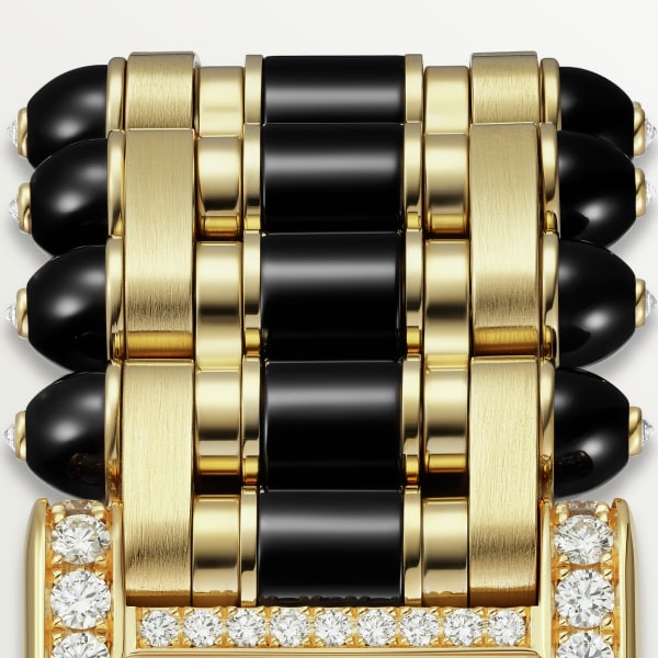Reloj joya Tank Tamaño grande, movimiento de cuarzo, oro amarillo, diamantes, ónix