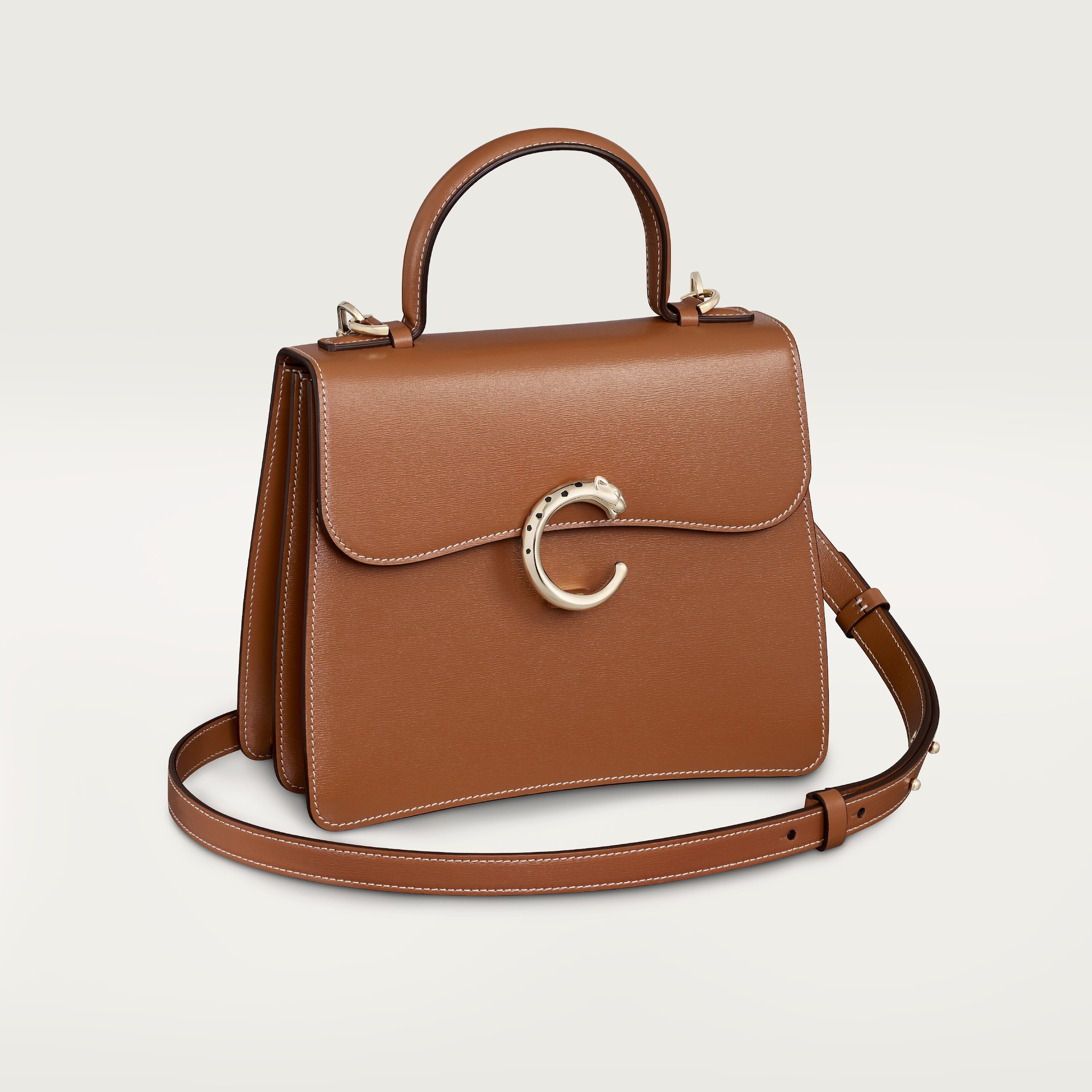 Bolso con asa tamaño pequeño, Panthère de CartierPiel de becerro caramelo, acabado dorado