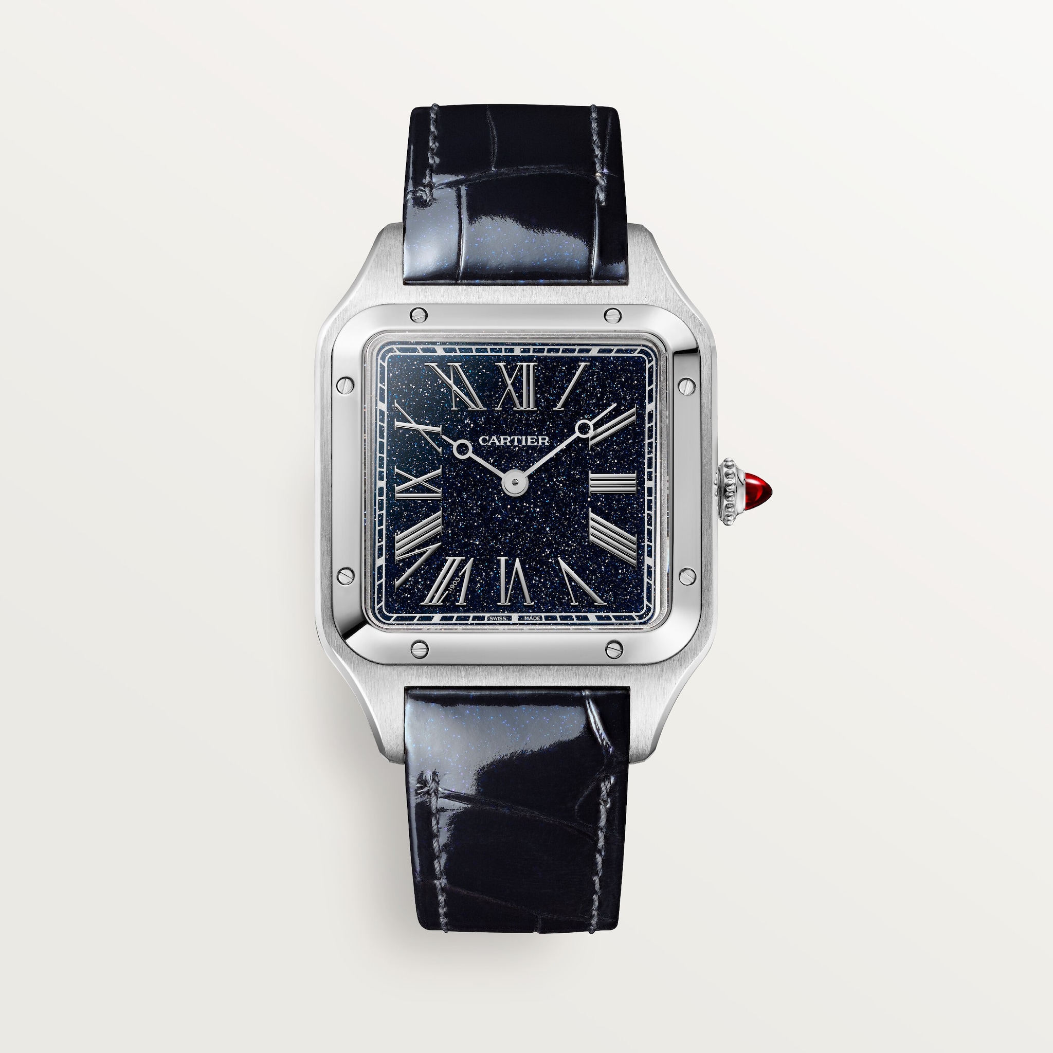Reloj Santos-DumontTamaño grande, movimiento manual, platino, piel