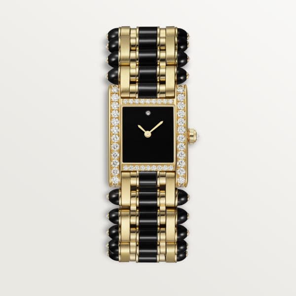 Reloj joya Tank Tamaño grande, movimiento de cuarzo, oro amarillo, diamantes, ónix