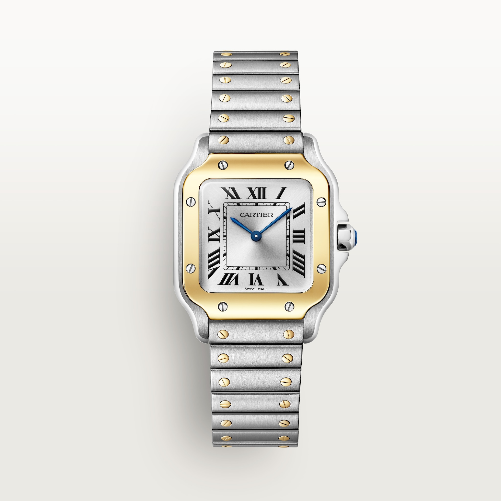 Reloj Santos de CartierTamaño pequeño, movimiento de cuarzo, oro amarillo y acero, brazalete de metal y correa de piel intercambiables