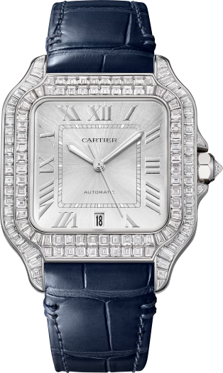 Reloj Santos de Cartier Tamaño grande, movimiento automático, oro blanco, diamantes, 2 correas de piel intercambiables