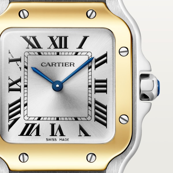 Reloj Santos de Cartier Tamaño pequeño, movimiento de cuarzo, oro amarillo y acero, brazalete de metal y correa de piel intercambiables
