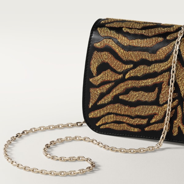 Bolso de cadena tamaño mini, Panthère C de Cartier Piel de becerro negra y bordado de hilo dorado con motivo de tigre